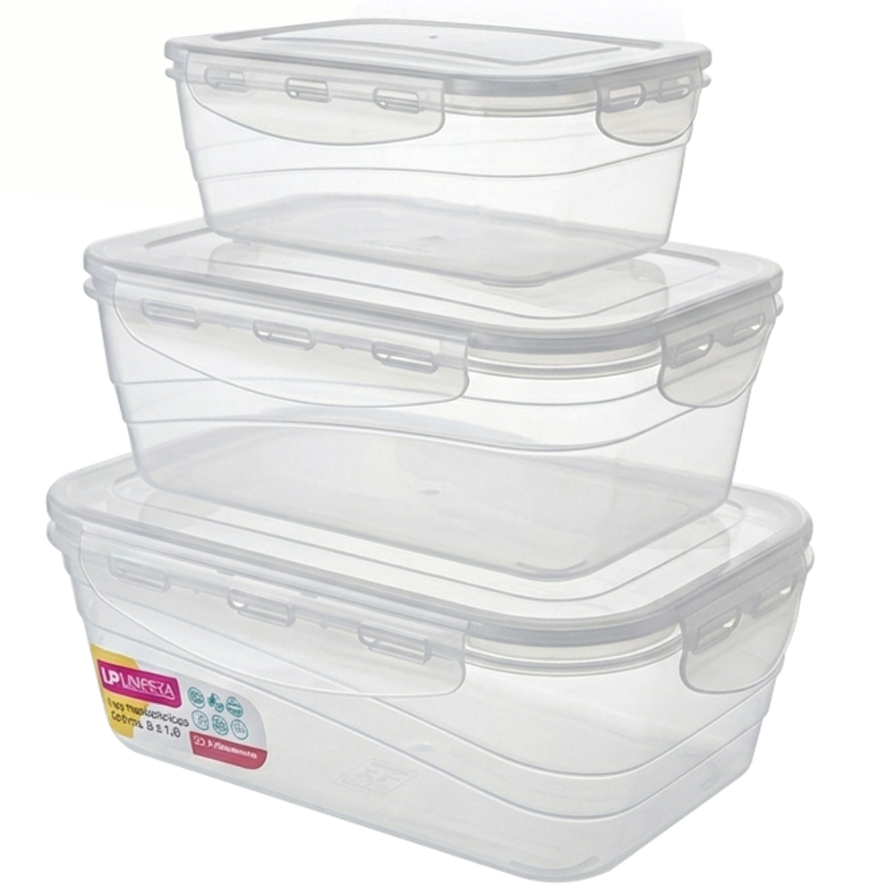 CONJUNTO DE POTE DE PLASTICO RETANGULAR COM TAMPA HERMETICA E TRAVA BRANCO COM 3 PECAS 1500/ 1000/ 500ML 