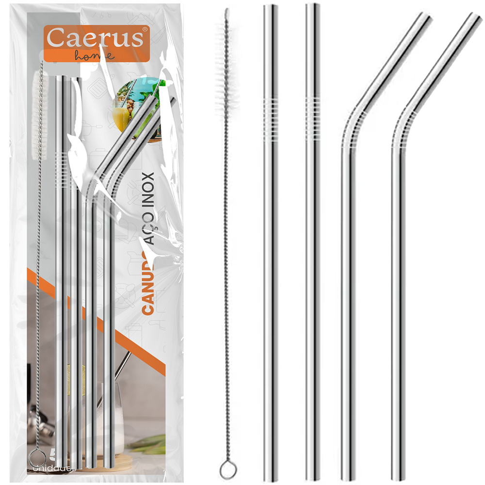 CANUDO RETO / CURVADO REUTILIZAVEL DE INOX COM 4 PECAS + ESCOVA HIGIENICA