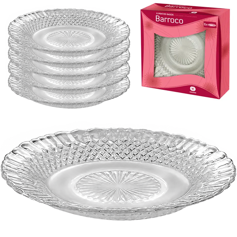 JOGO DE PRATO DE VIDRO RASO TRANSPARENTE BARROCO COM 6 PECAS 23CM DE Ø 
