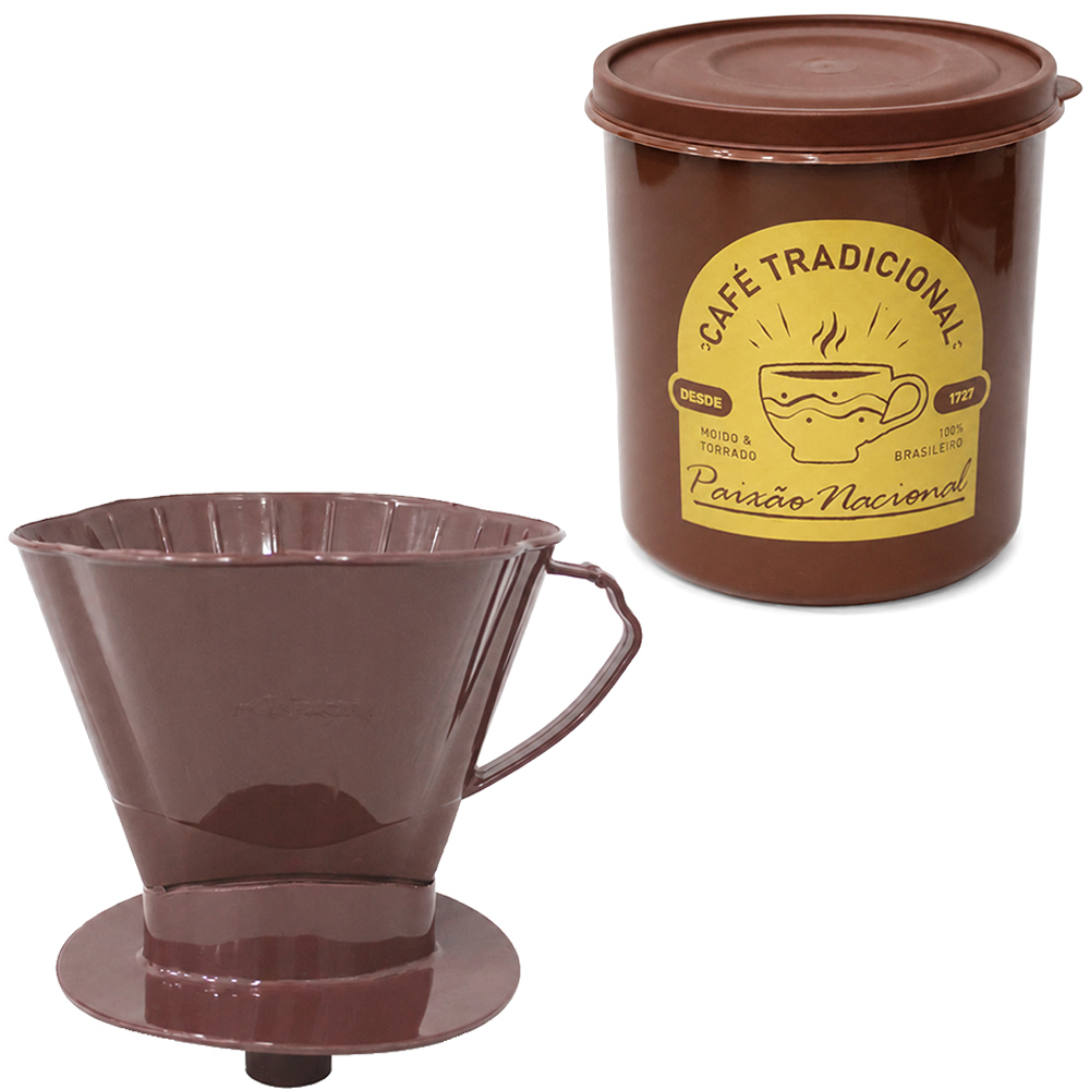 POTE DE PLASTICO REDONDO 2,2L COM TAMPA + PORTA FILTRO / COADOR DE CAFE 103 MARROM