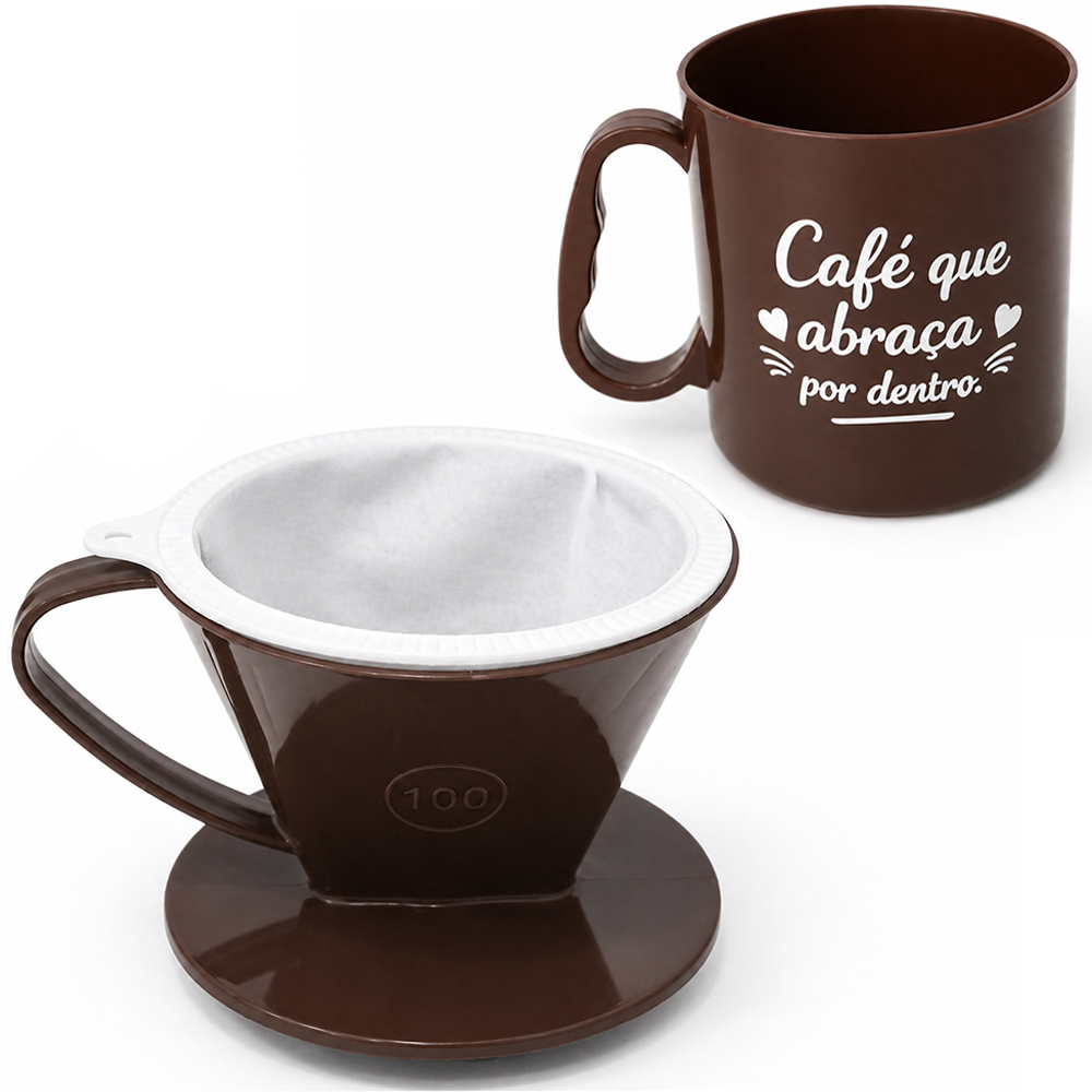 CANECA COM PORTA FILTRO / COADOR DE CAFE 100 DE PLASTICO MARROM + COADOR PANO SINTETICO