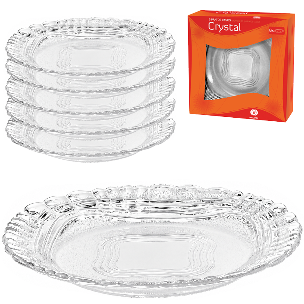JOGO DE PRATO DE VIDRO RASO CRYSTAL TRANSPARENTE COM 6 PECAS 23,3CM DE Ø