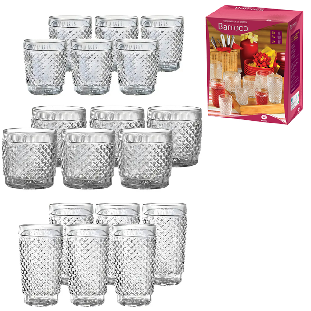 JOGO DE COPO DE VIDRO WHISKY + LONG DRINK E DOSE / SHOT BARROCO 18 PECAS 270M L/ 250ML / 100ML