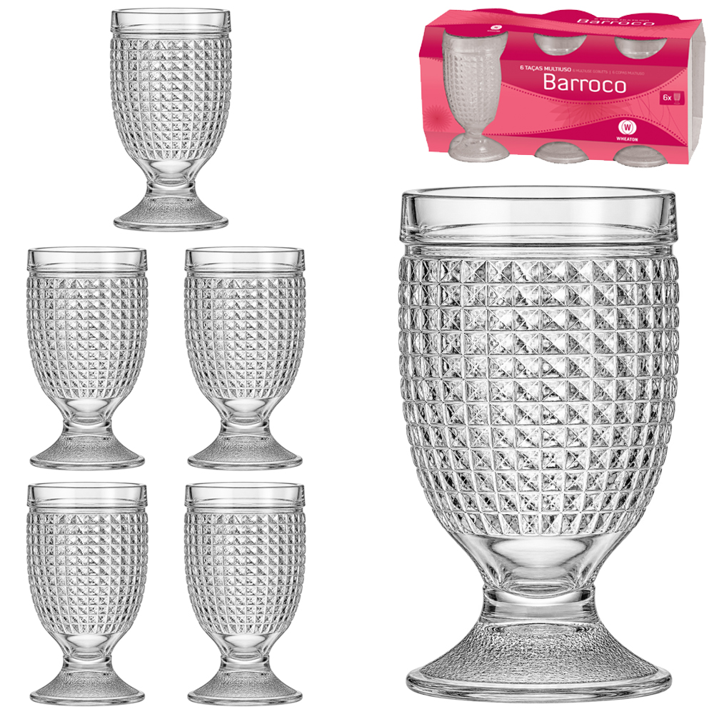 JOGO DE TACA DE VIDRO PARA AGUA / VINHO BARROCO COM 6 PECAS 250ML