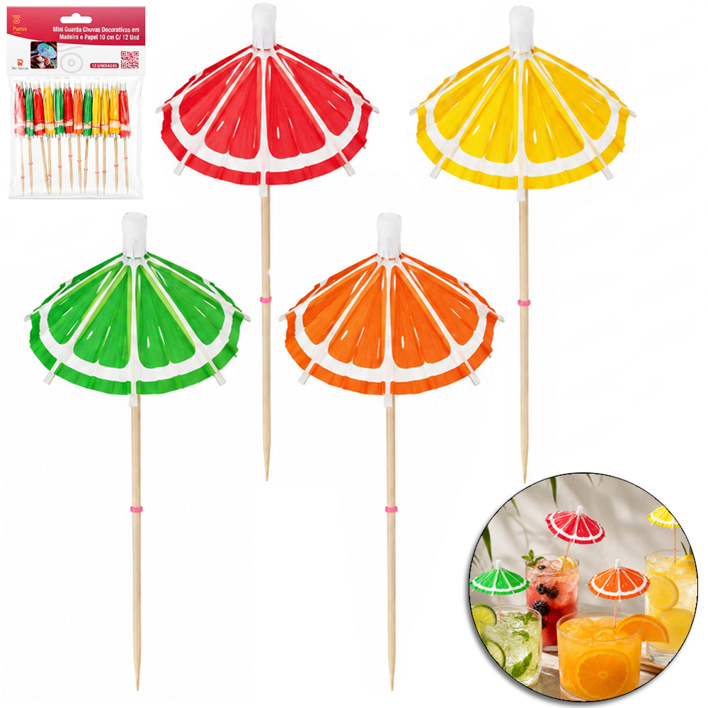 GARFO / GARFINHO PALITO DE MADEIRA GUARDA CHUVA DECORATIVO PARA FRUTAS E PETISCOS 12 PECAS 10CM