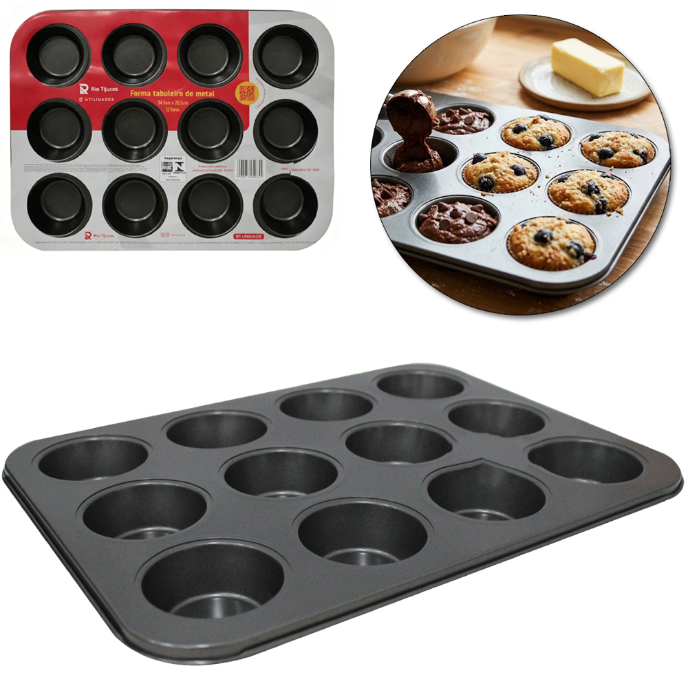 FORMA ASSADEIRA DE ACO CARBONO ANTIADERENTE PARA CUPCAKE COM 12 CAVIDADES 24,5X26,5X3CM