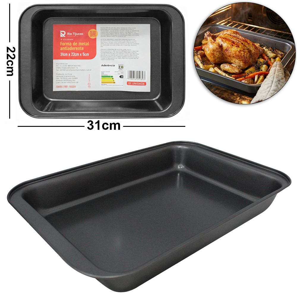 FORMA ASSADEIRA DE ACO CARBONO ANTIADERENTE RETANGULAR 31X22X5CM