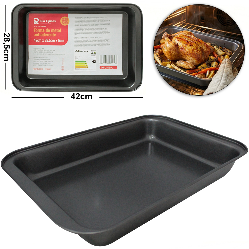 FORMA ASSADEIRA DE ACO CARBONO ANTIADERENTE RETANGULAR 42X28,5X5CM