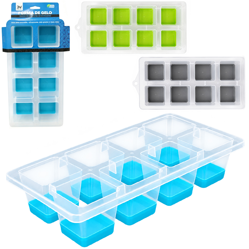 FORMA DE GELO COM 8 CAVIDADES QUADRADA DE SILICONE / PLASTICO 25,5X13X5CM