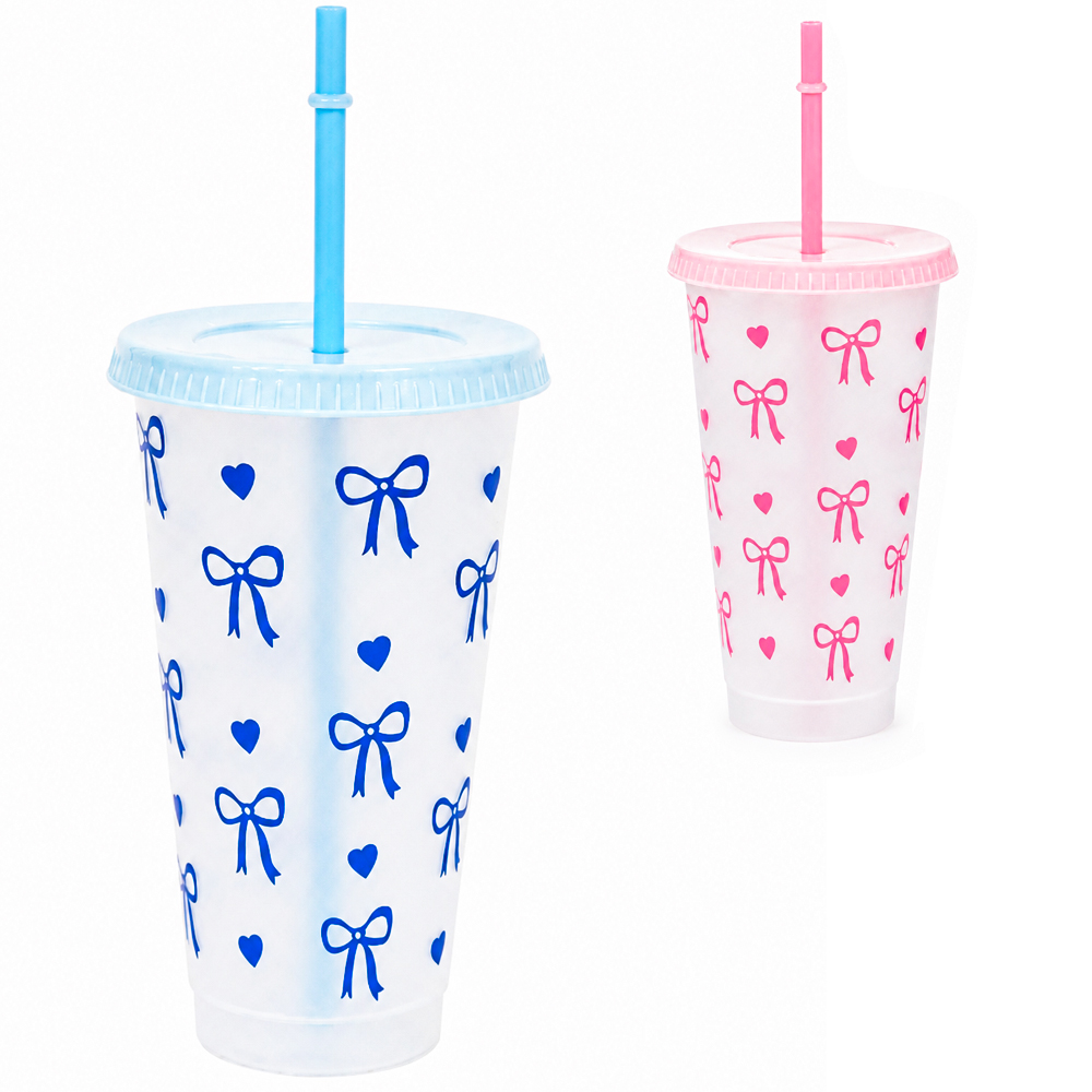 COPO COM TAMPA E CANUDO DE PLASTICO LACO AZUL / ROSA 700ML