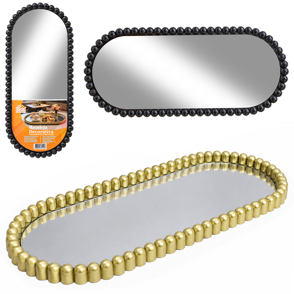 BANDEJA DE PLASTICO COM ESPELHO OVAL DECORATIVA INTER DECOR 31,5X13X1,5CM