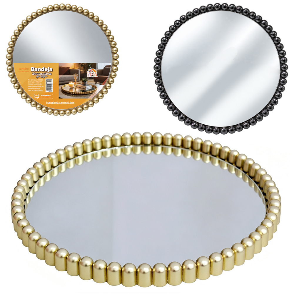 BANDEJA DE PLASTICO COM ESPELHO REDONDO DECORATIVA INTER DECOR 1,5X22,2CM DE Ø