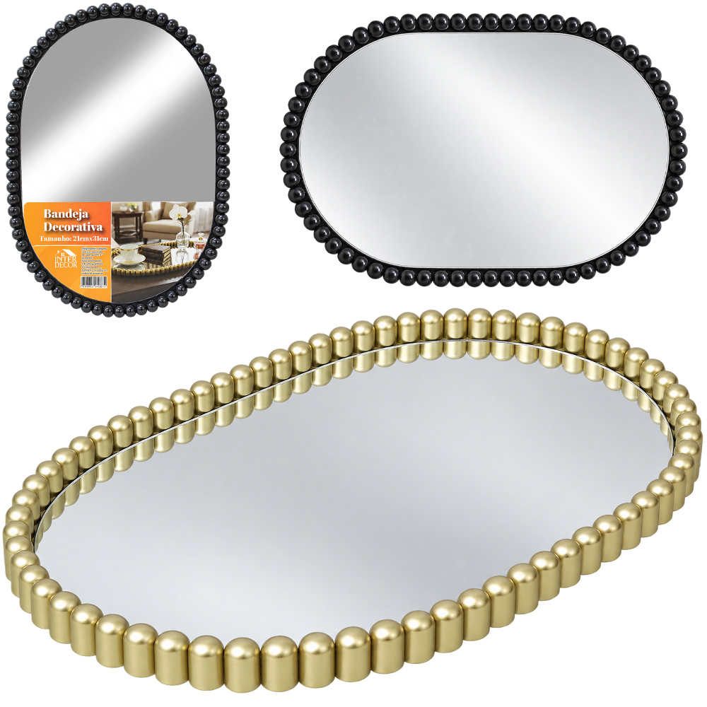 BANDEJA DE PLASTICO COM ESPELHO OVAL DECORATIVA INTER DECOR 31X21X1,5CM
