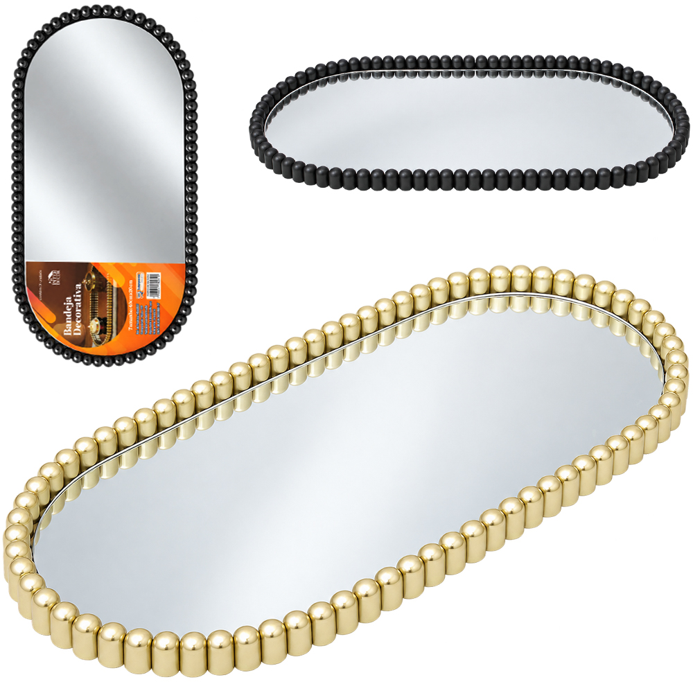 BANDEJA DE PLASTICO COM ESPELHO OVAL DECORATIVA INTER DECOR 40X20X1,5CM