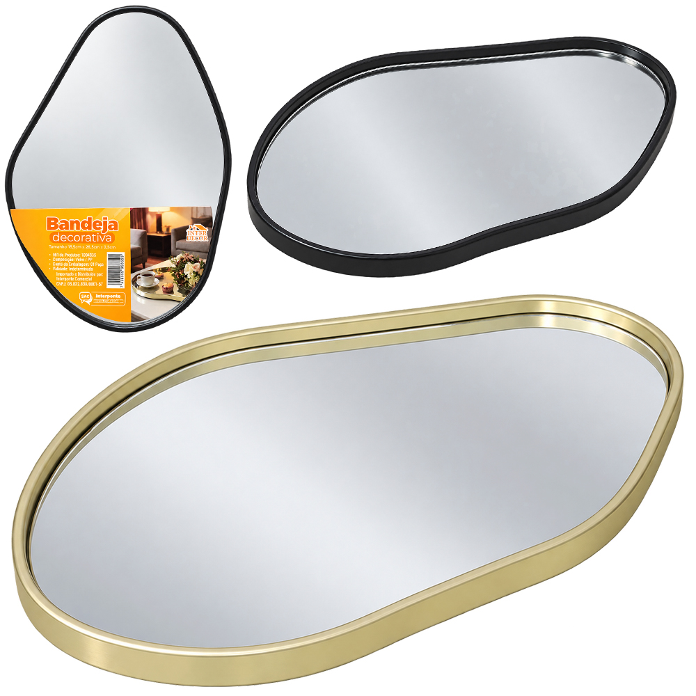BANDEJA DE PLASTICO COM ESPELHO DECORATIVA INTER DECOR 28,5X18,5X1,5CM