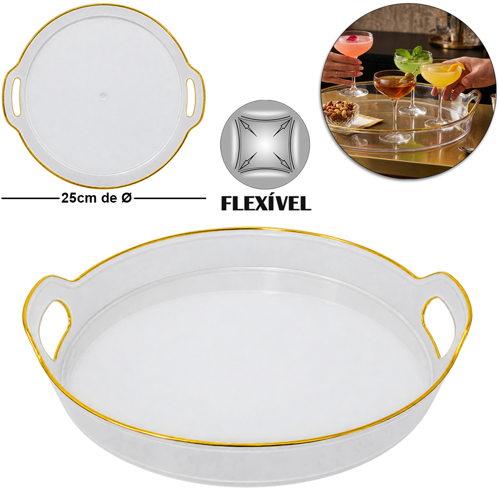 BANDEJA DE PLASTICO PET FLEXIVEL REDONDA COM ALCA + BORDA DOURADA 5X26,5X25CM DE Ø