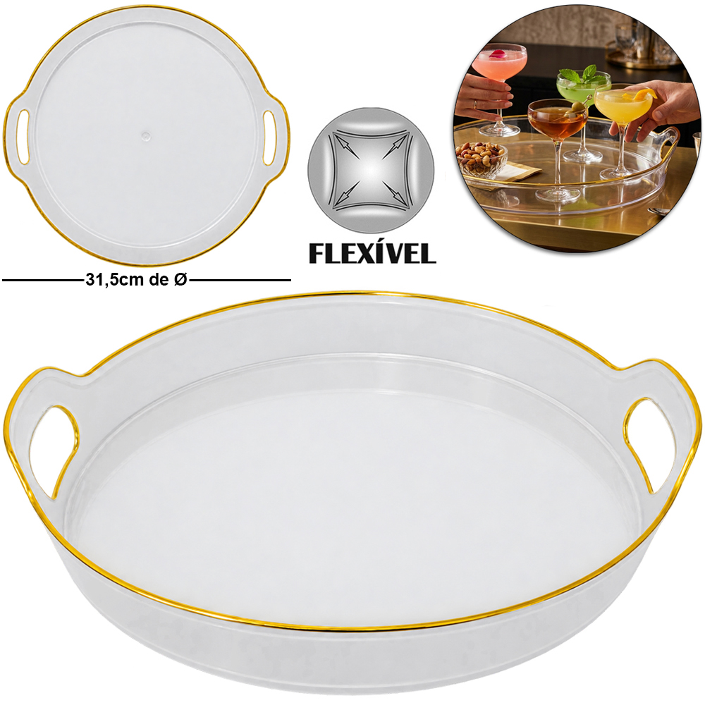 BANDEJA DE PLASTICO PET FLEXIVEL REDONDA COM ALCA + BORDA DOURADA 6X33,5X31,5CM DE Ø