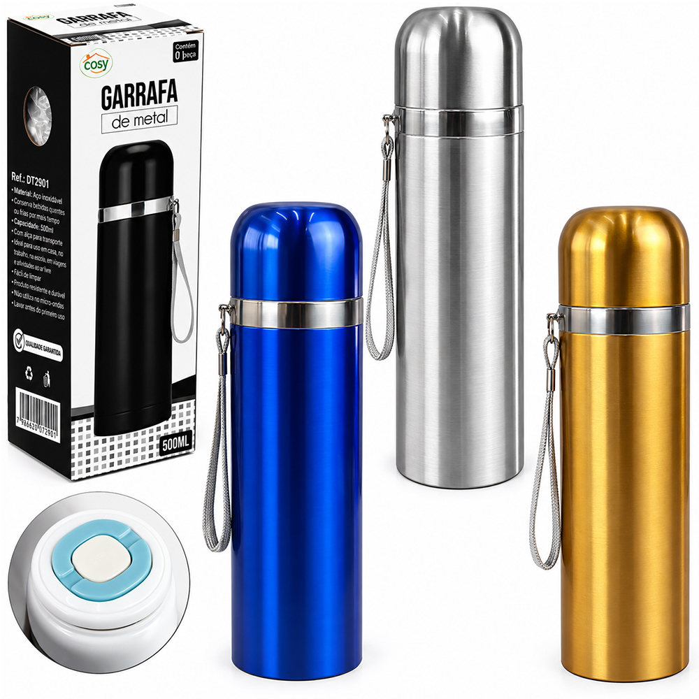 GARRAFA TERMICA COM PAREDE DUPLA DE INOX E ALCA 500ML