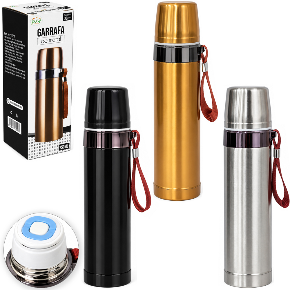GARRAFA TERMICA COM PAREDE DUPLA DE INOX E ALCA 750ML