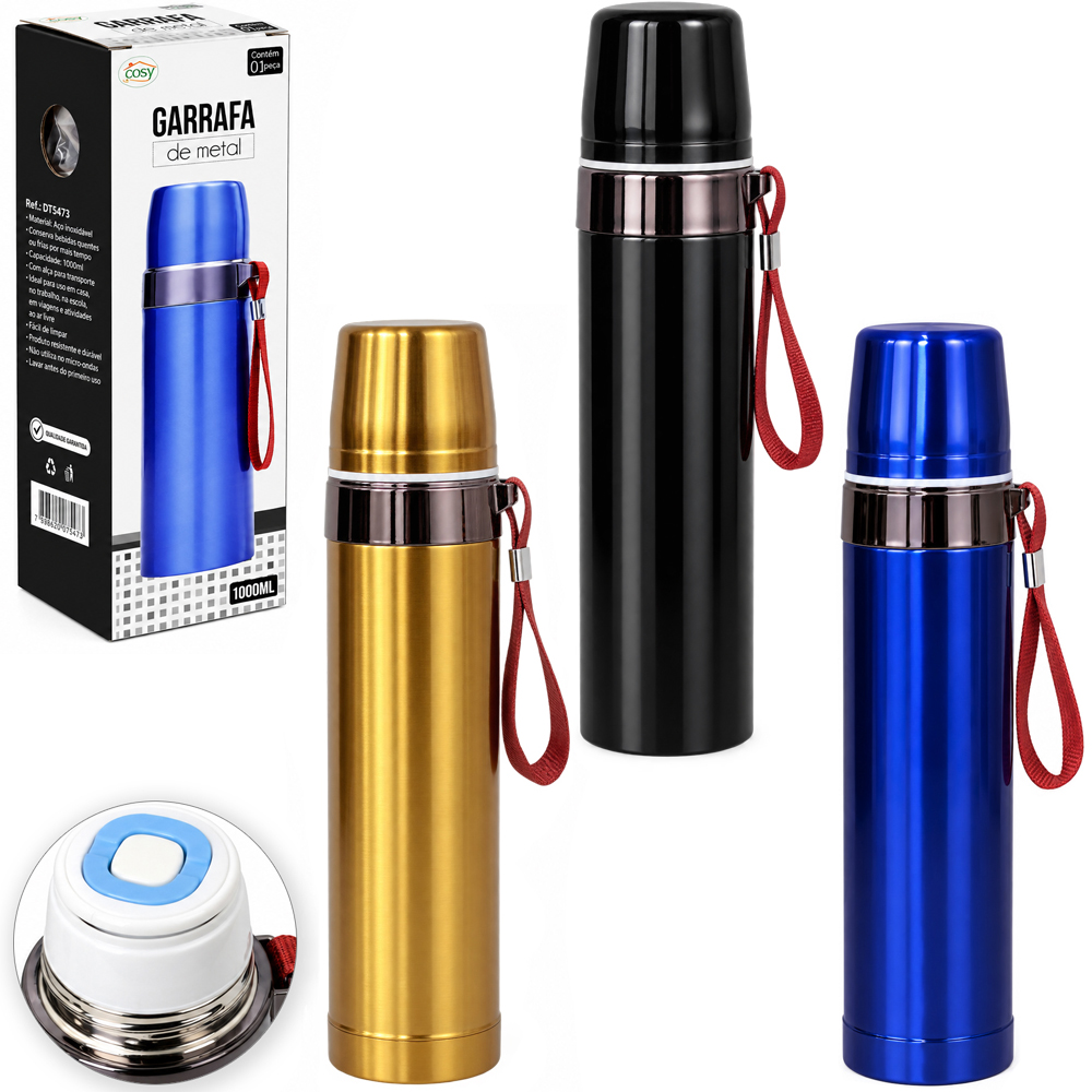 GARRAFA TERMICA COM PAREDE DUPLA DE INOX E ALCA 1000ML