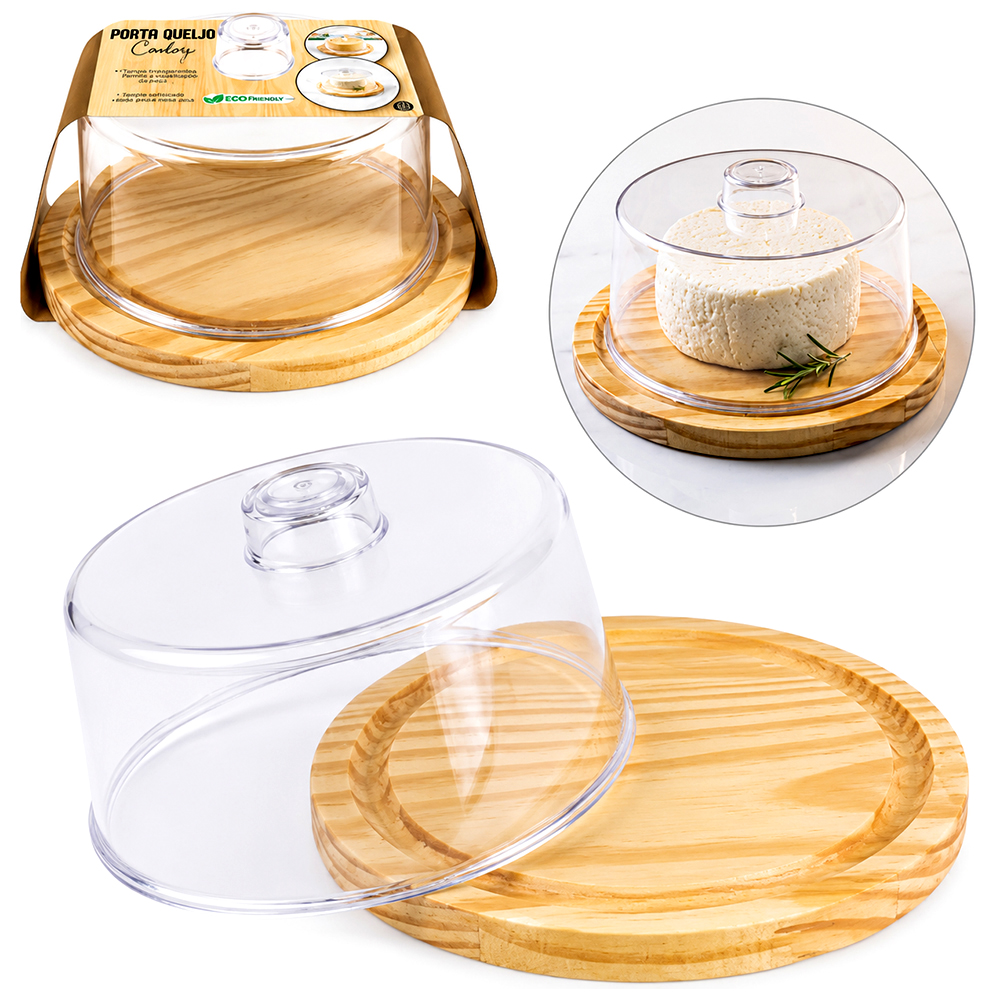 QUEIJEIRA DE MADEIRA PINUS COM TAMPA DE ACRILICO CRISTAL ECO PREMIUM 9,5X17,5CM DE Ø