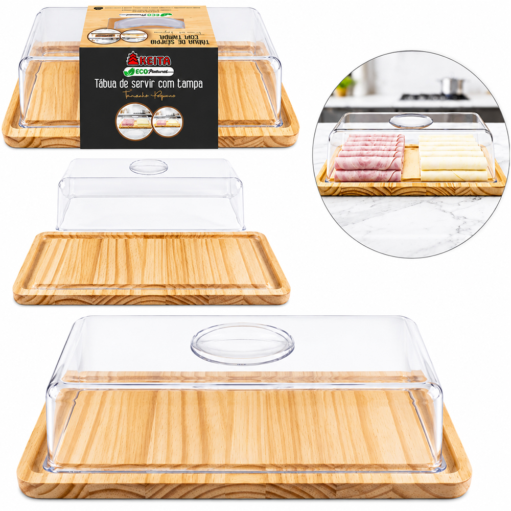 BANDEJA TABUA PETISQUEIRA DE MADEIRA PINUS COM TAMPA DE ACRILICO ECO PREMIUM P 27,5X14,5X8,5CM