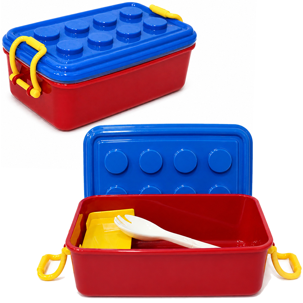 MARMITA DE PLASTICO RETANGULAR BLOCO DE MONTAR BLOCKS DIVISORIA MOVEL + COLHER GARFO 740ML 17,8X11,5X7,5CM