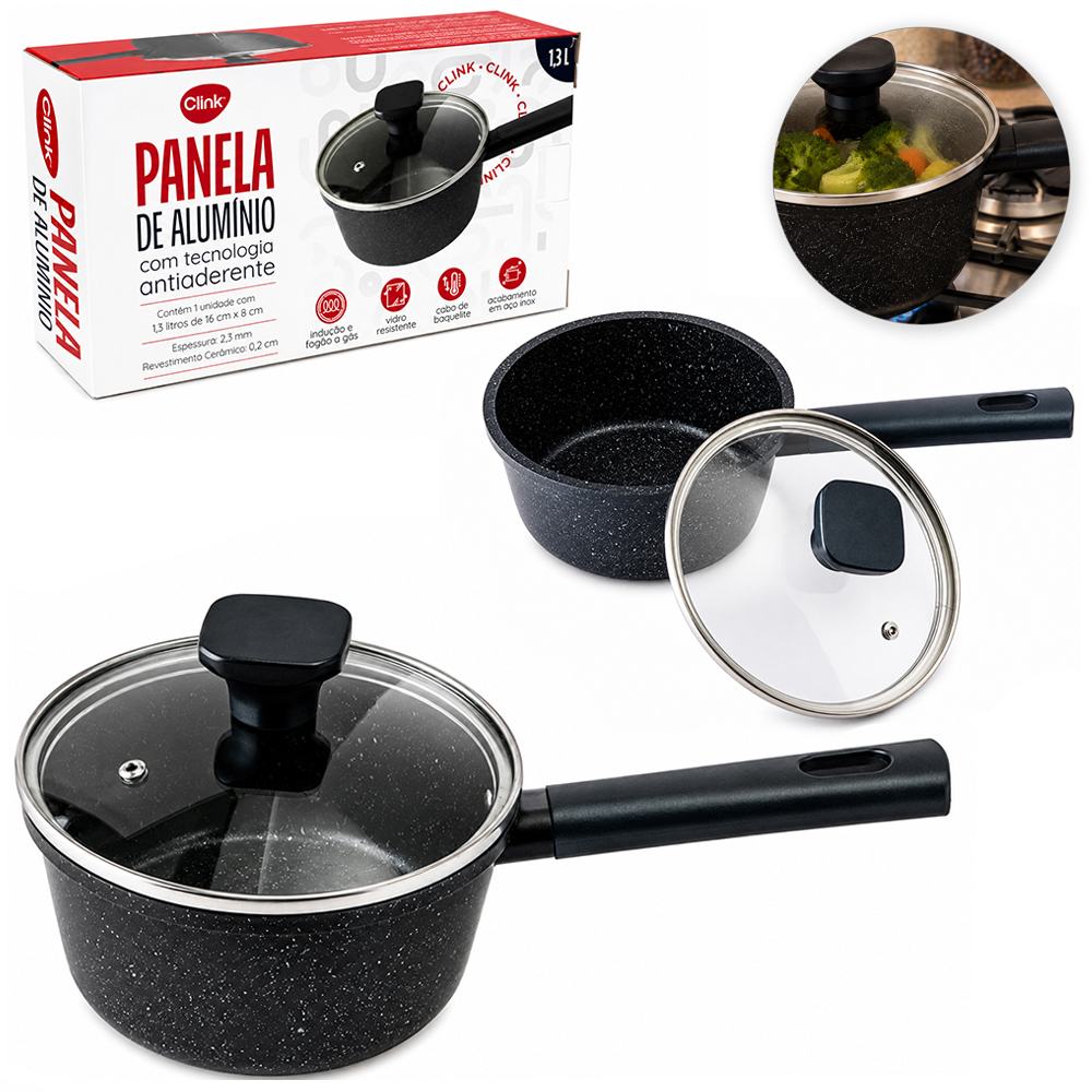 PANELA DE INDUCAO E FOGAO A GAS REVESTIDA CERAMICA ANTIADERENTE COM TAMPA DE VIDRO CABO BAQUELITE 16CM DE Ø 1,3L