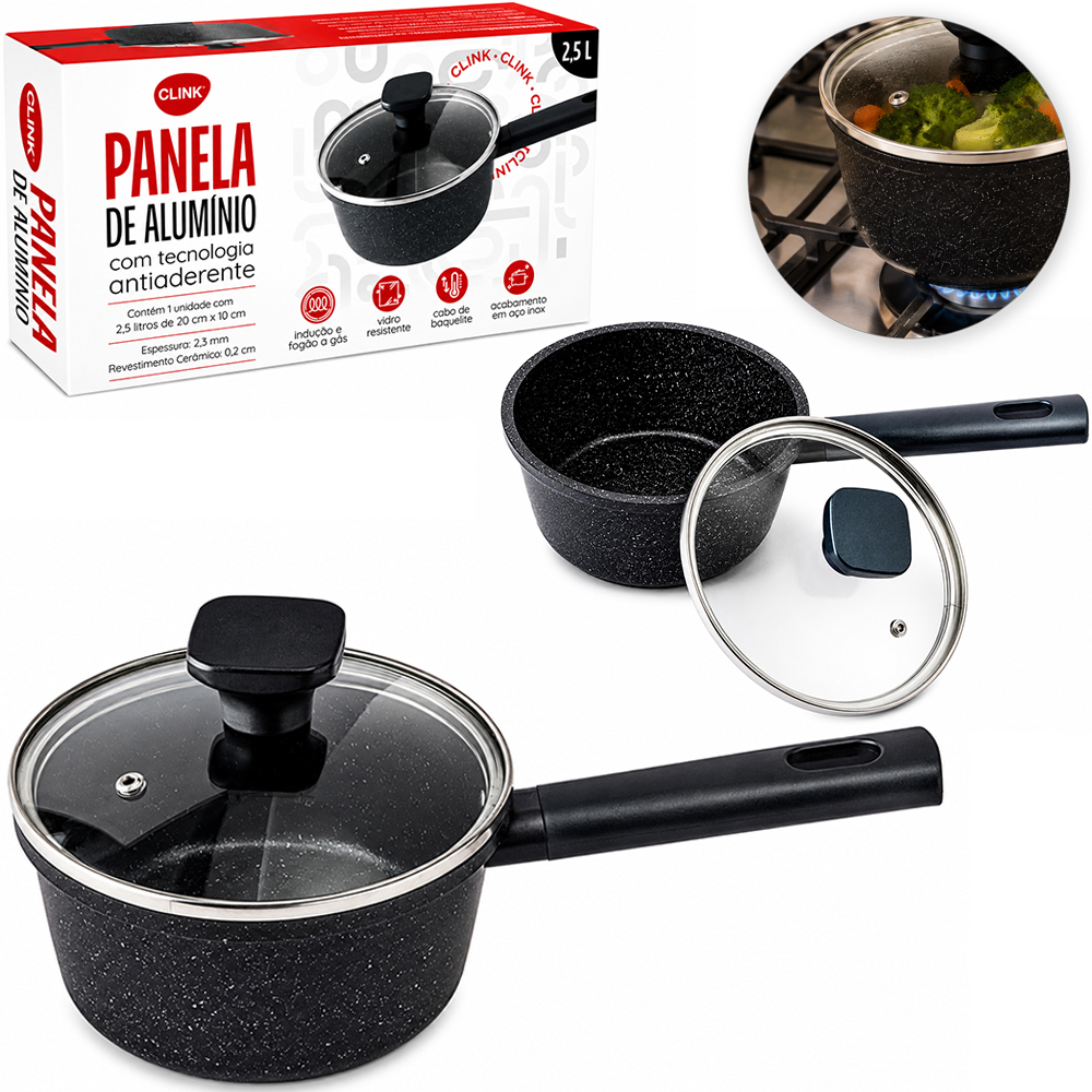 PANELA DE INDUCAO E FOGAO A GAS REVESTIDA CERAMICA ANTIADERENTE COM TAMPA DE VIDRO CABO BAQUELITE 20CM DE Ø 2,5L