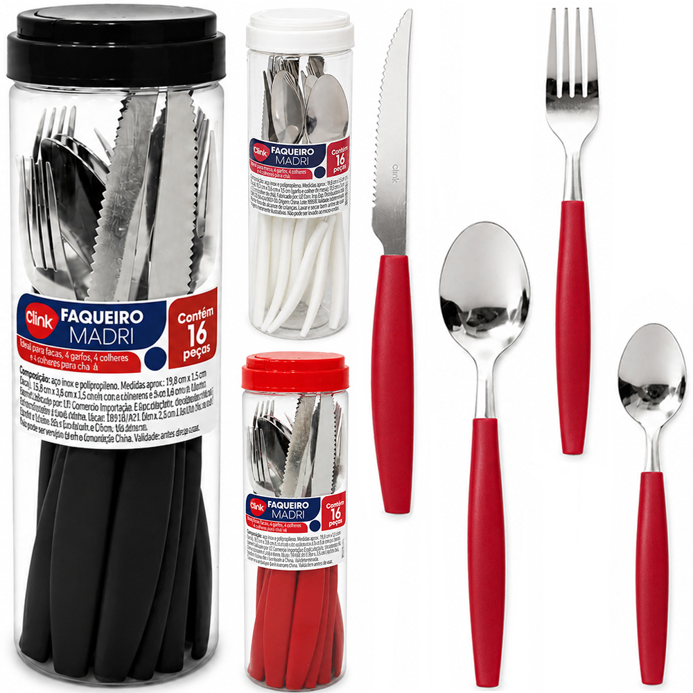 CONJUNTO DE TALHERES / FAQUEIRO COM 16 PECAS DE INOX CABO PLASTICO MADRI NO POTE
