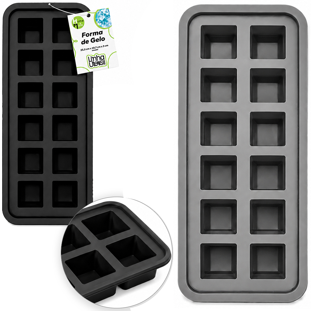 FORMA DE GELO COM 12 CAVIDADES QUADRADA DE SILICONE UTENSILL 25,5X10,7X3CM