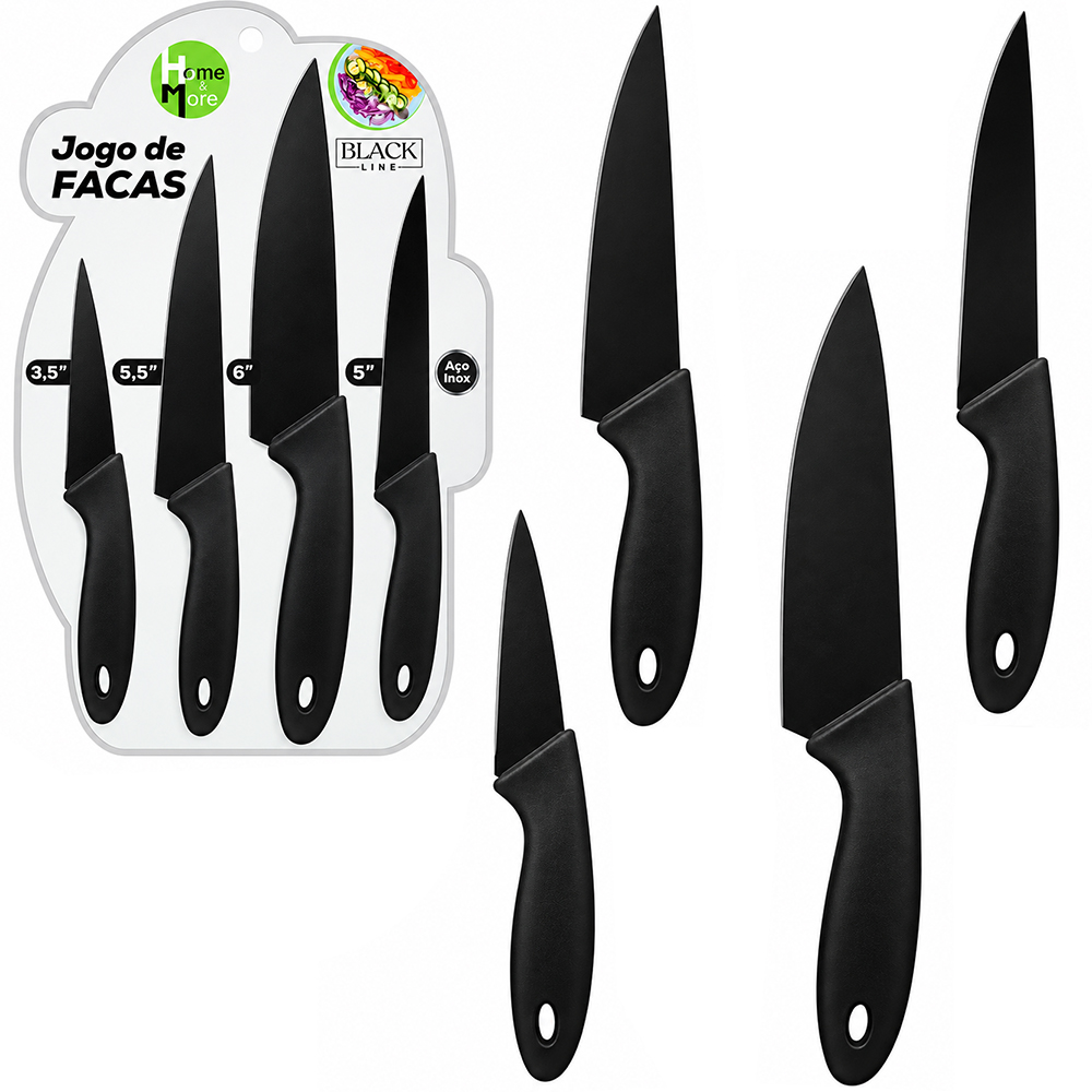 CONJUNTO DE FACA DE COZINHA DE INOX CABO PLASTICO BLACK LINE 4 PECAS 