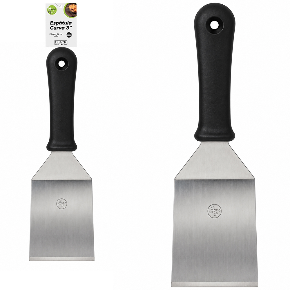 ESPATULA DE COZINHA DEGRAU CURVA  DE INOX CABO PLASTICO BLACK LINE 3'' 26X7,5CM