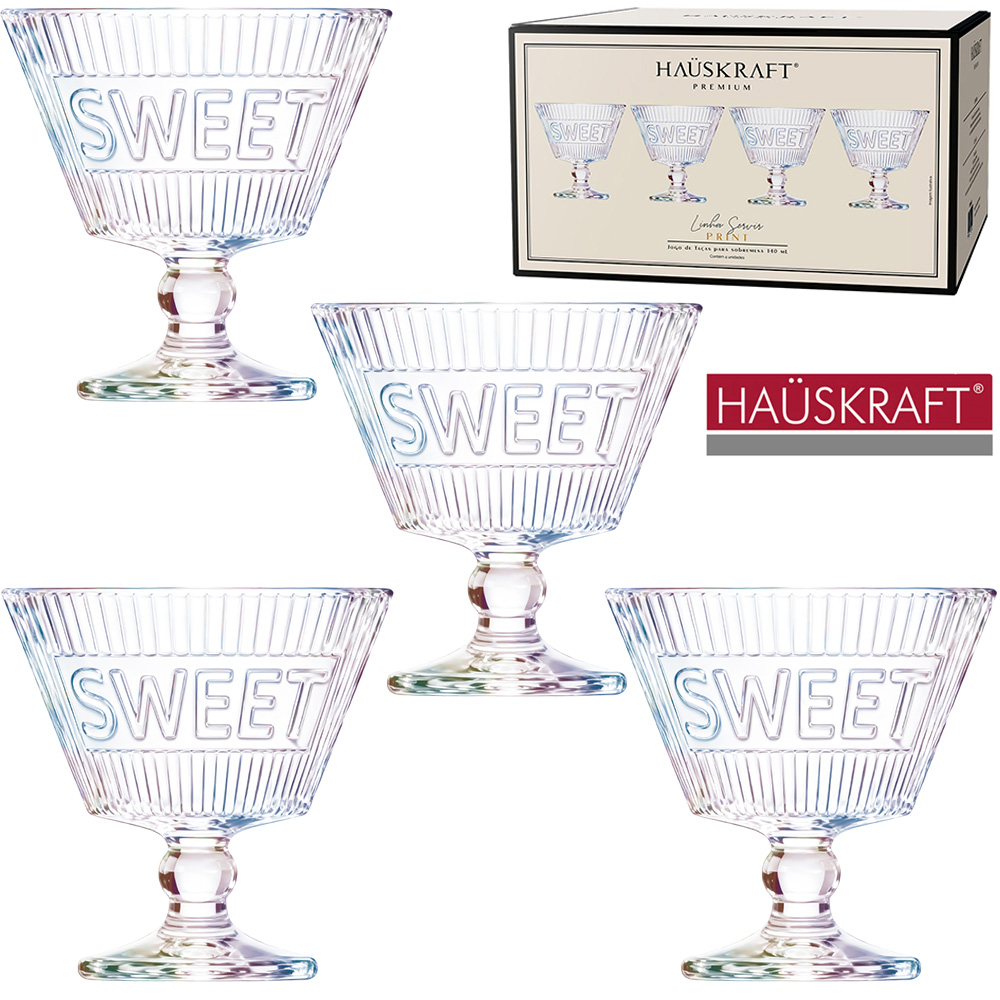JOGO TACA VIDRO REDONDA PARA SOBREMESA SWEET CINTILANTE LINHA SERVIR PRINT HAUSKRAFT PREMIUM 4 PECAS 140ML