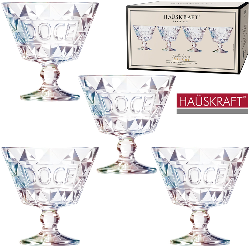 JOGO TACA VIDRO REDONDA PARA SOBREMESA DOCE CINTILANTE LINHA SERVIR MEMORY HAUSKRAFT PREMIUM 4 PEÇAS 140ML