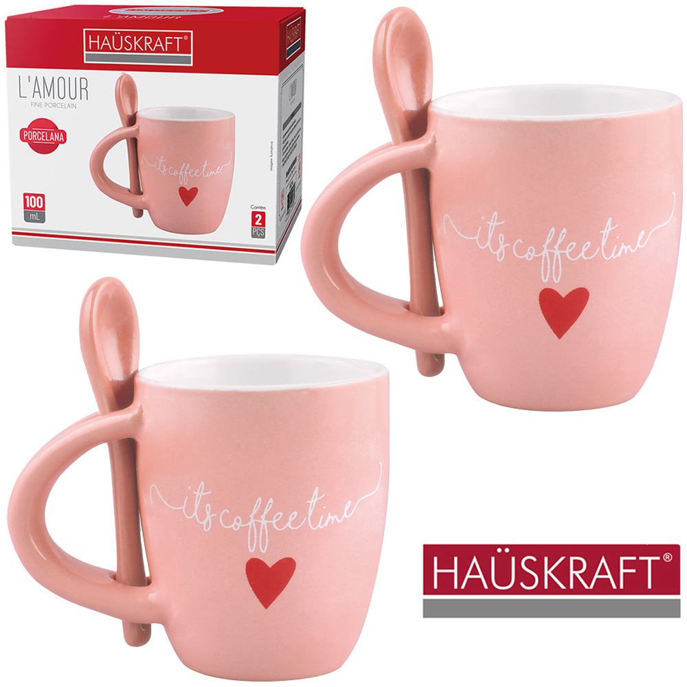 CANECA DE PORCELANA COM COLHER L'AMOUR HAUSKRAFT 100ML