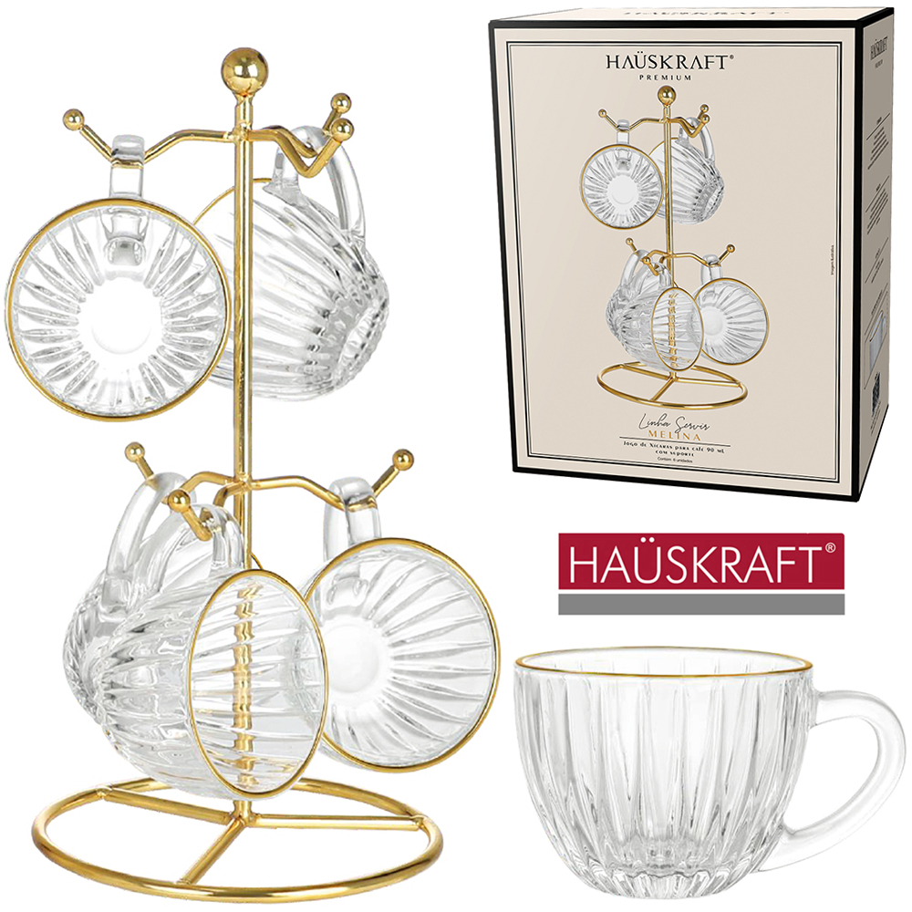 JOGO CANECA XICARA VIDRO PARA CAFE COM BORDA DOURADA 6 PECAS + SUPORTE ARAMADO LINHA SERVIR MELINA HAUSKRAFT PREMIUM