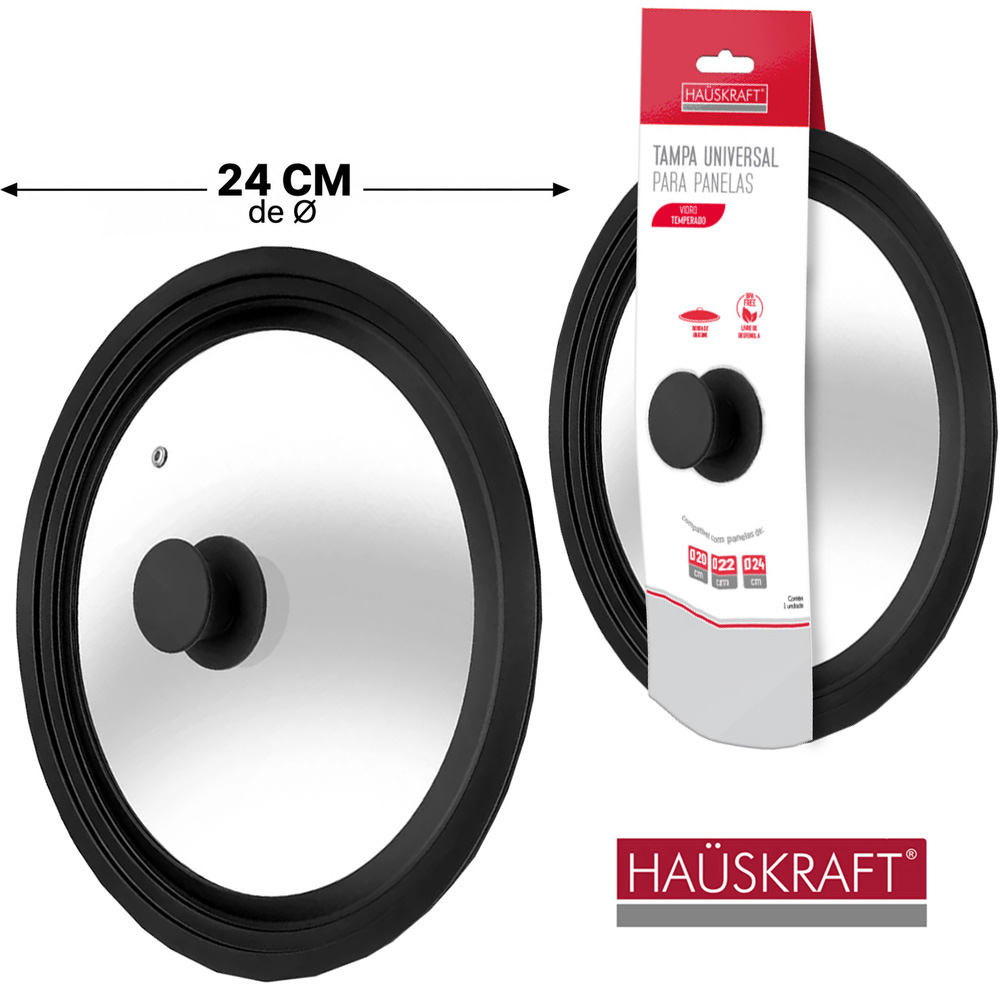 TAMPA UNIVERSAL DE VIDRO TEMPERADO / SILICONE PARA PANELA 20 / 22 / 24CM DE Ø COM POMEL / PUXADOR HAUSKRAFT