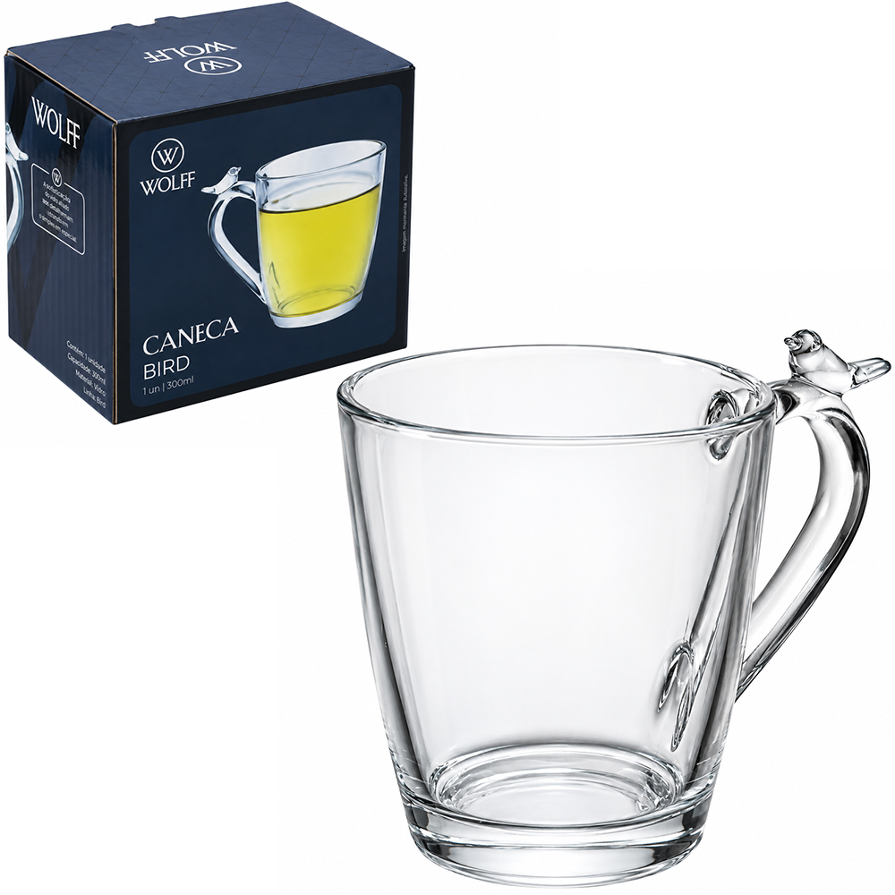 CANECA XICARA DE VIDRO CRISTAL PASSARO PARA CAFE / CAPPUCCINO BIRD WOLFF 300ML