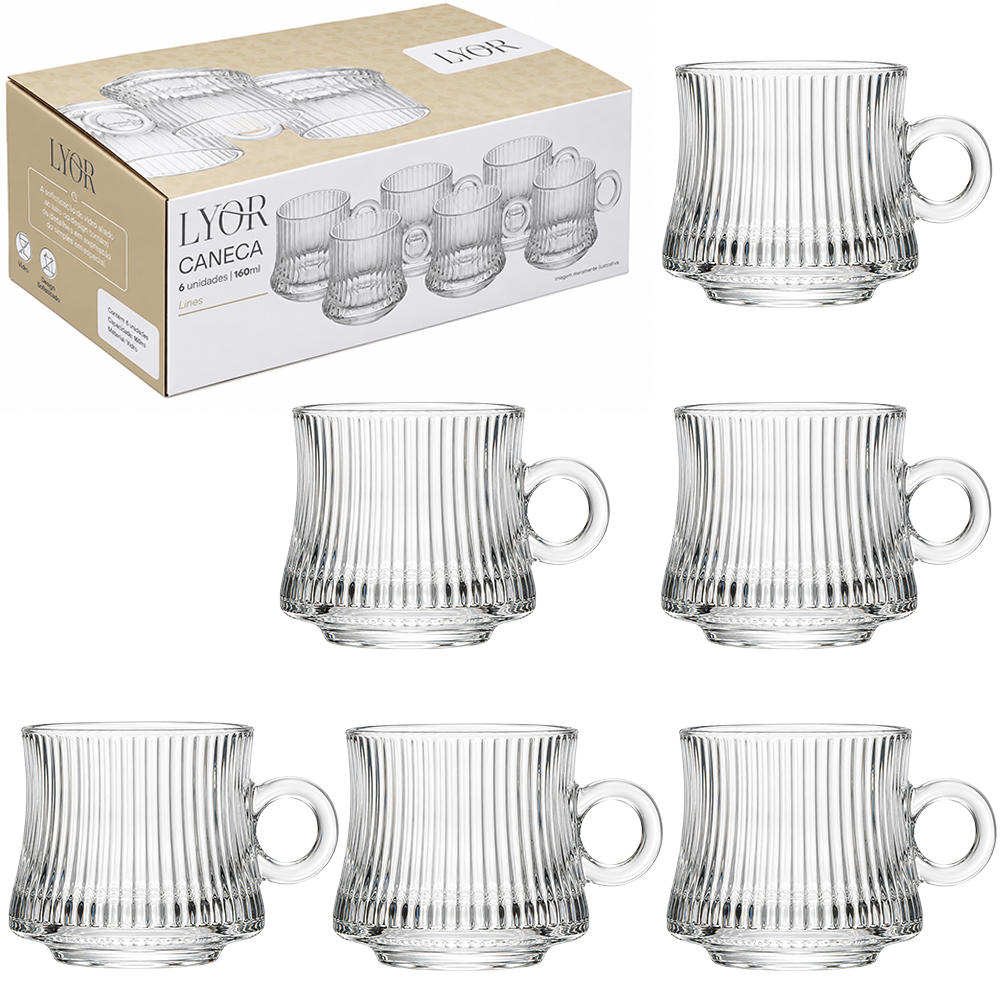 JOGO DE CANECA XICARA DE VIDRO PARA CHA LINES COM 6 PECAS 160ML