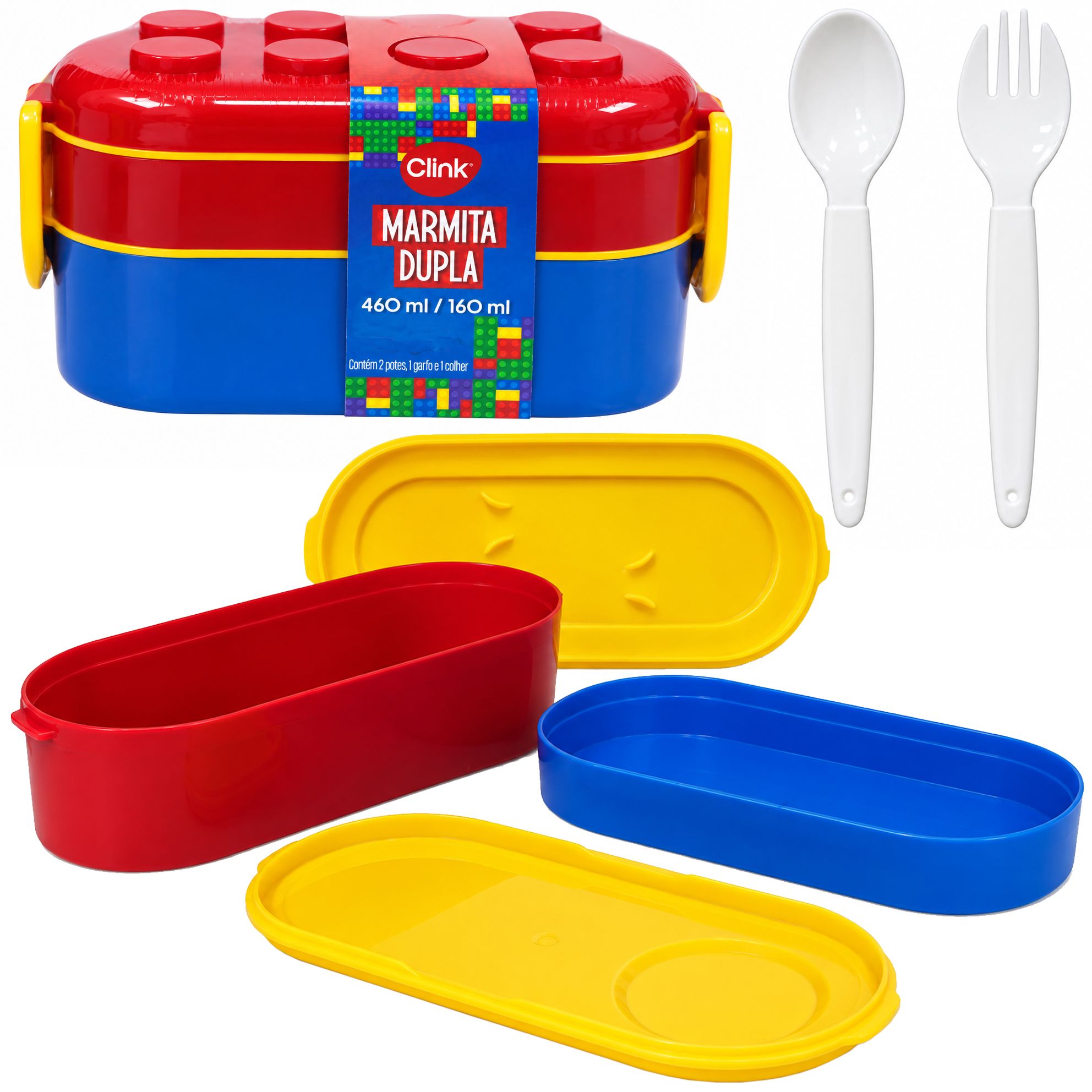 MARMITA DE PLASTICO RETANGULAR DUPLA BLOCO DE MONTAR BLOCKS COM BANDEJA + COLHER + GARFO 