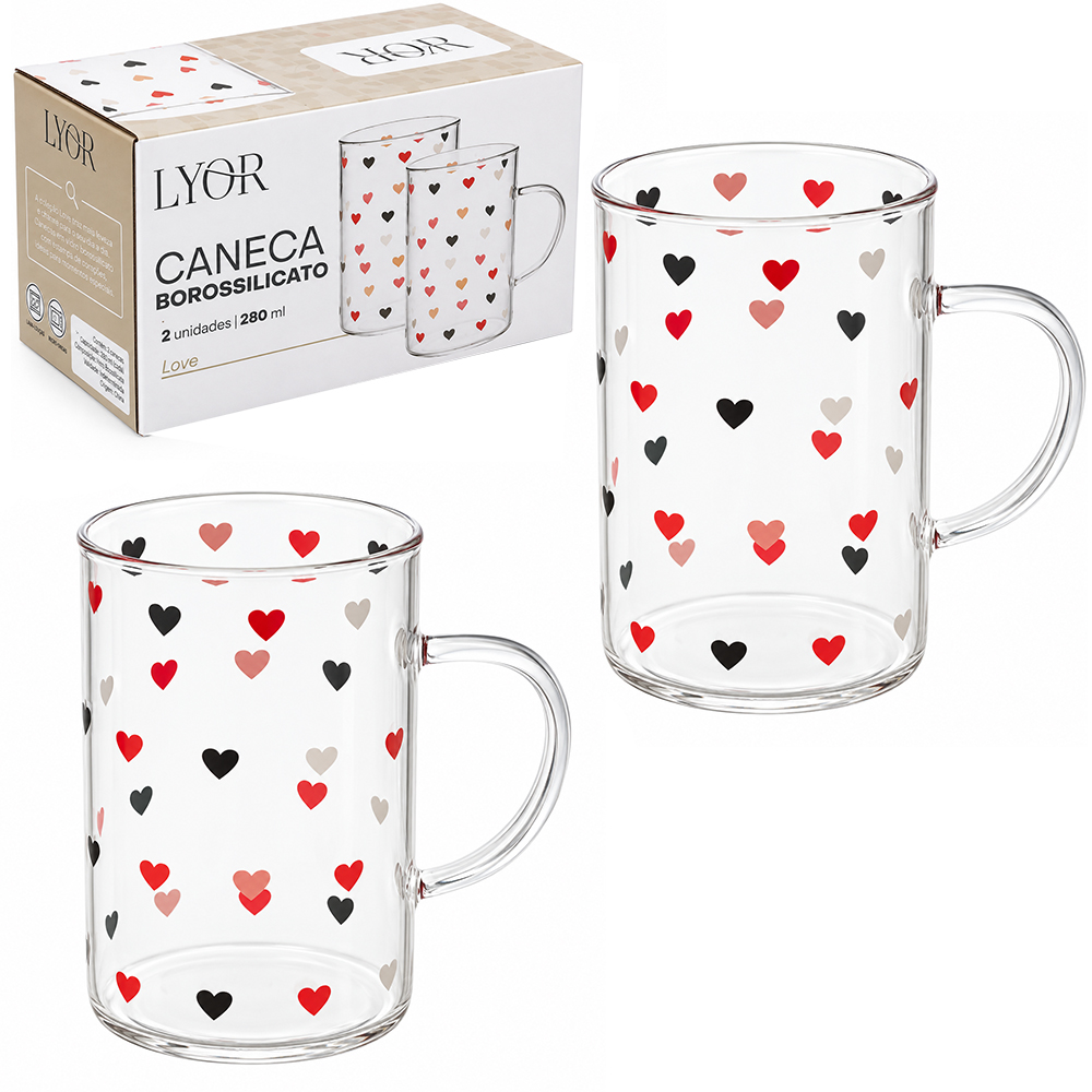 JOGO DE CANECA XICARA DE VIDRO BOROSSILICATO PARA CAFE / CAPPUCCINO CORACAO LOVE COM 2 PECAS 280ML