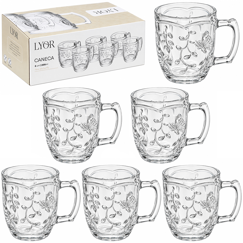 JOGO DE CANECA XICARA DE VIDRO CRISTAL PARA CAFE / CAPPUCCINO NEW BUTTERFLY COM 6 PECAS 200ML