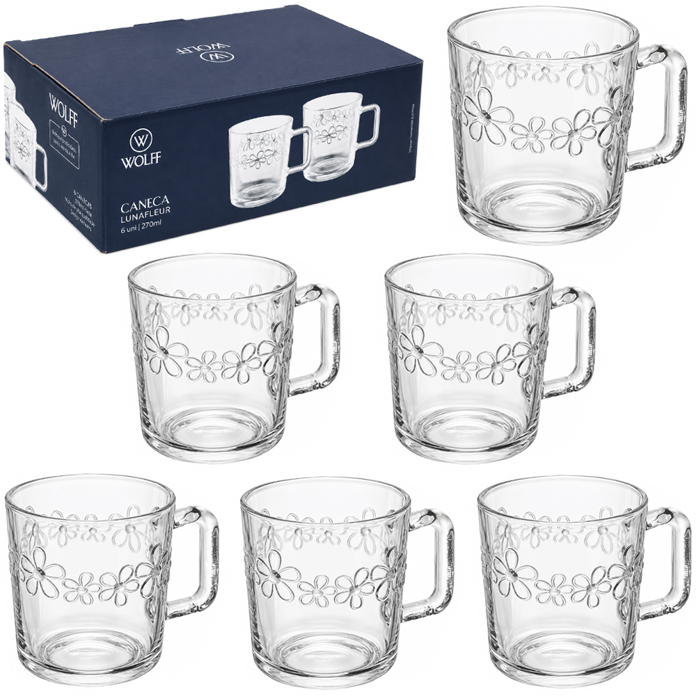 JOGO DE CANECA XICARA DE VIDRO PARA CAFE / CAPPUCCINO LUNAFLEUR WOLFF COM 6 PECAS 270ML