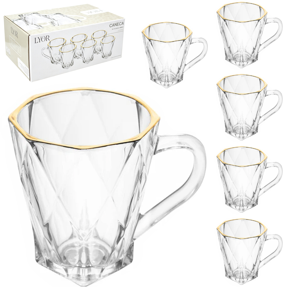JOGO DE CANECA XICARA DE VIDRO CRISTAL COM BORDA DOURADA PARA CAFE / CAPPUCCINO DIAMOND COM 6 PECAS 180ML