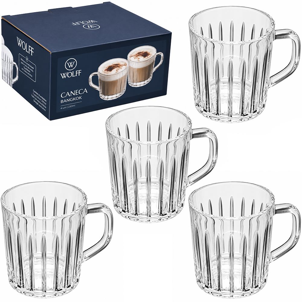 JOGO DE CANECA XICARA DE VIDRO PARA CAFE / CAPPUCCINO BANGKOK WOLFF COM 4 PECAS 230ML