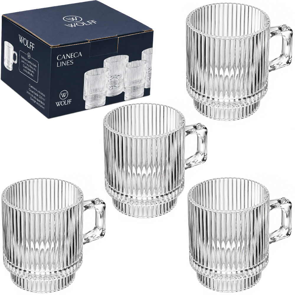 JOGO DE CANECA XICARA DE VIDRO CRISTAL EMPILHAVEL PARA CAFE / CAPPUCCINO LINES WOLFF COM 4 PECAS 145ML