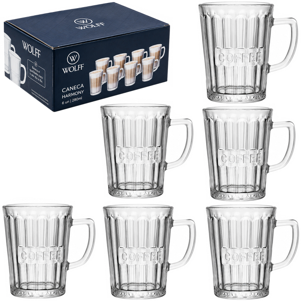 JOGO DE CANECA XICARA DE VIDRO PARA CAFE / CAPPUCCINO COFFEE HARMONY WOLFF COM 6 PECAS 200ML