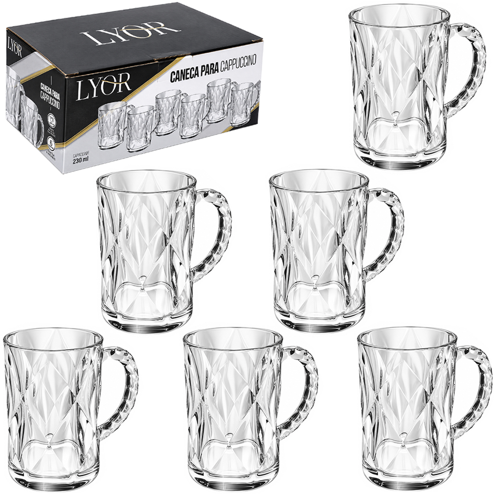 JOGO DE CANECA XICARA DE VIDRO PARA CAFE / CAPPUCCINO DIAMOND COM 6 PECAS 170ML