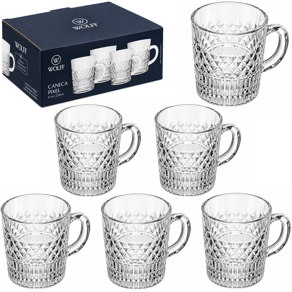 JOGO DE CANECA XICARA DE VIDRO CRISTAL PARA CAFE / CAPPUCCINO PIXEL WOLFF COM 6 PECAS 230ML